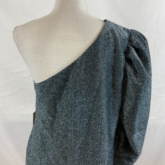 Happy Nature One Shoulder Dress XL Gray Blue Sparkle Metallic Long Sleeve Lined - Picture 10 of 12